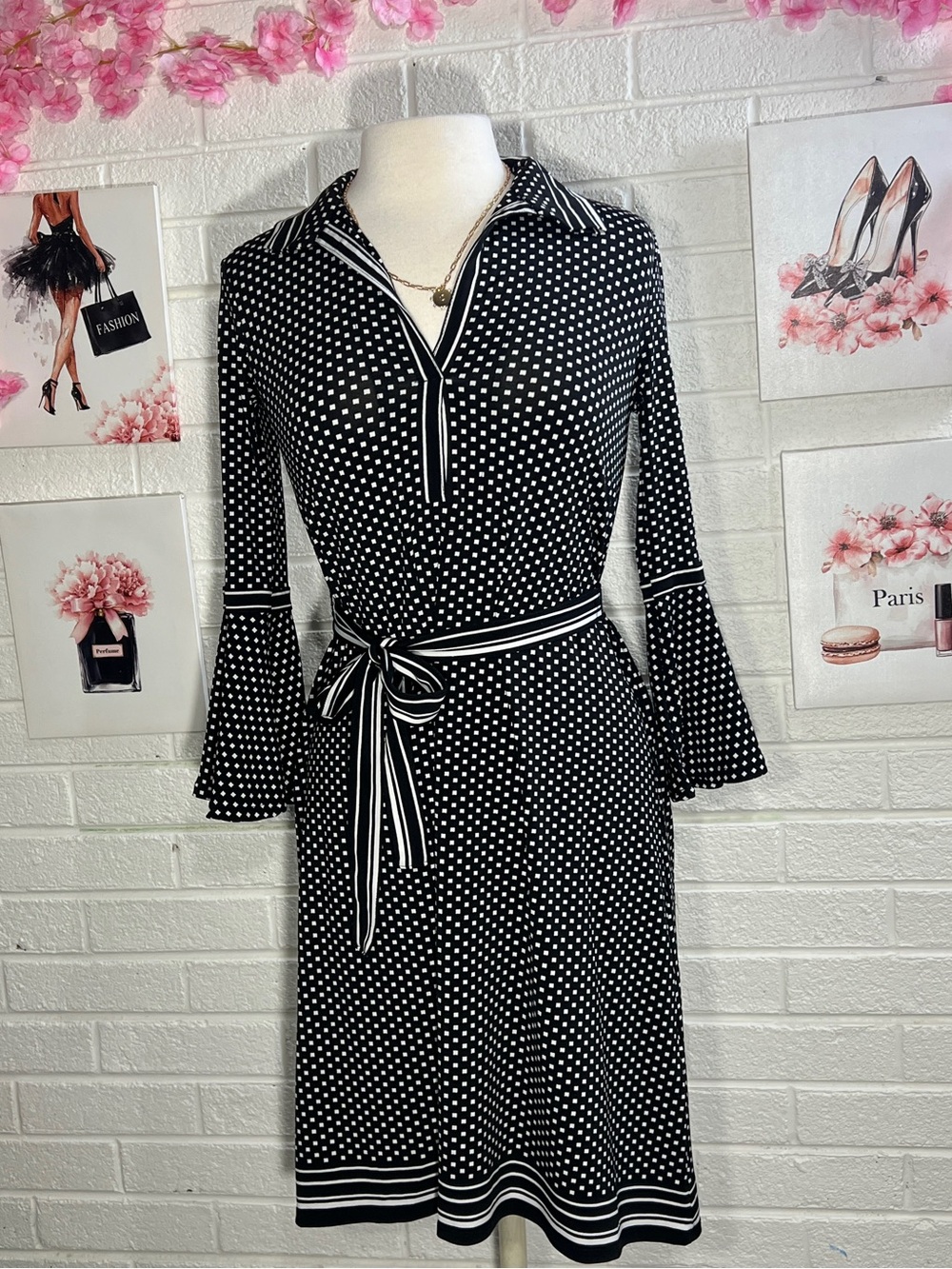Max Studio Black and White Polka Dot Midi Dress with Striped Belt
